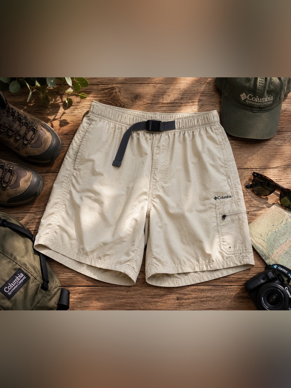 Columbia Beige Nylon Hiking Cargo Shorts Belted Men’s